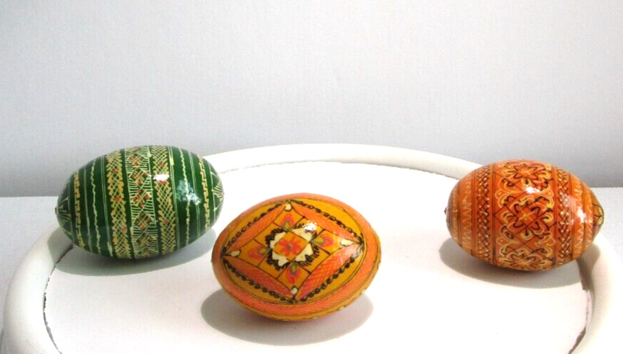 LOT OF 3 Vintage Slavic Eastern European Lacquered Wood Handpainted Egg Russian
