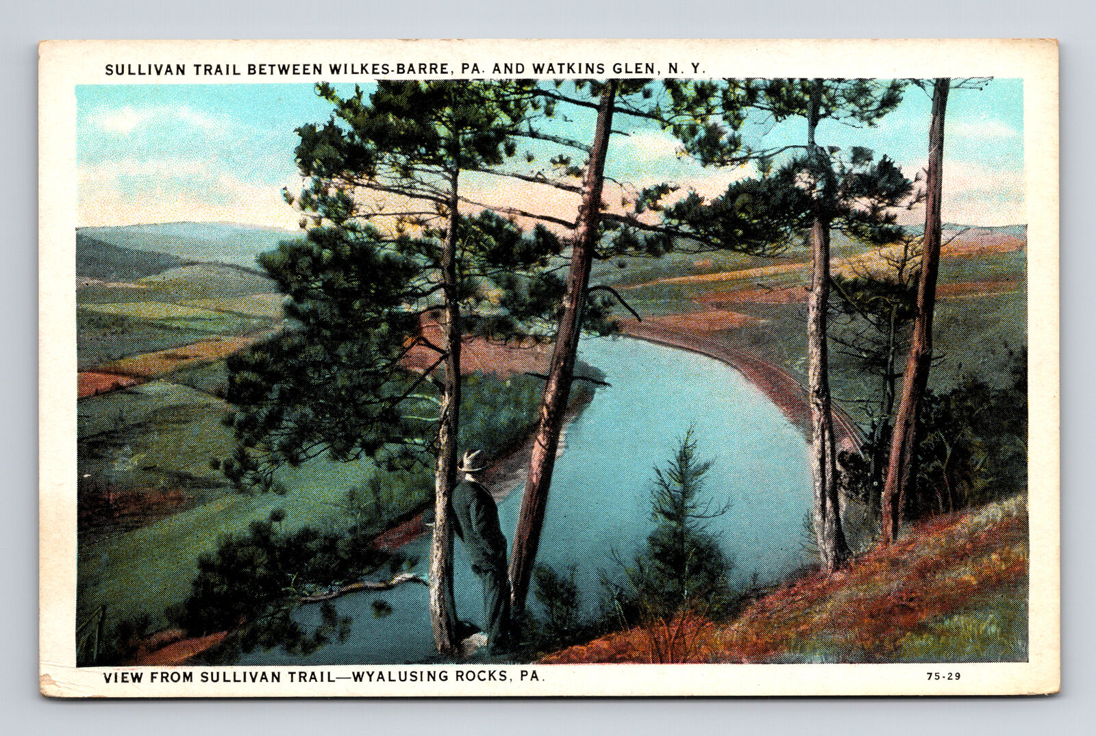 WB Postcard Wyalusing NY New York Scenic View Sullivan Trail Man in Suit Hat
