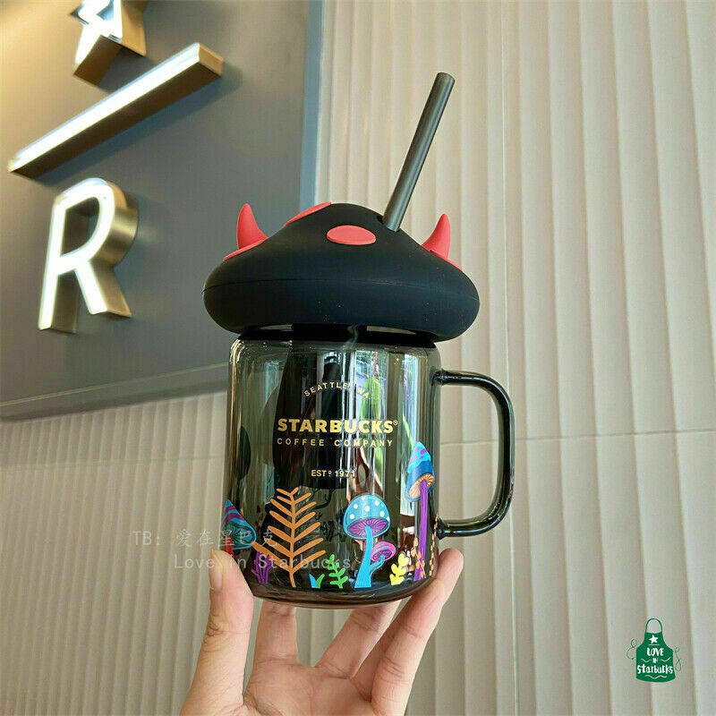 Starbucks 18oz Black Halloween Mushroom Elf-demon Glass Mason Straw Cup Gift