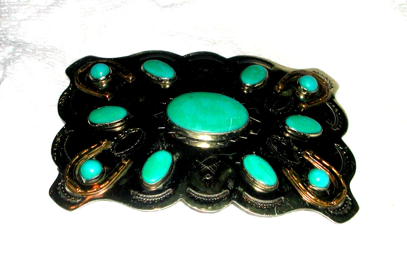 Vintage Nickel Silver Turquoise Signed Bell Belt Buckle Horse Shoe Lucky 
