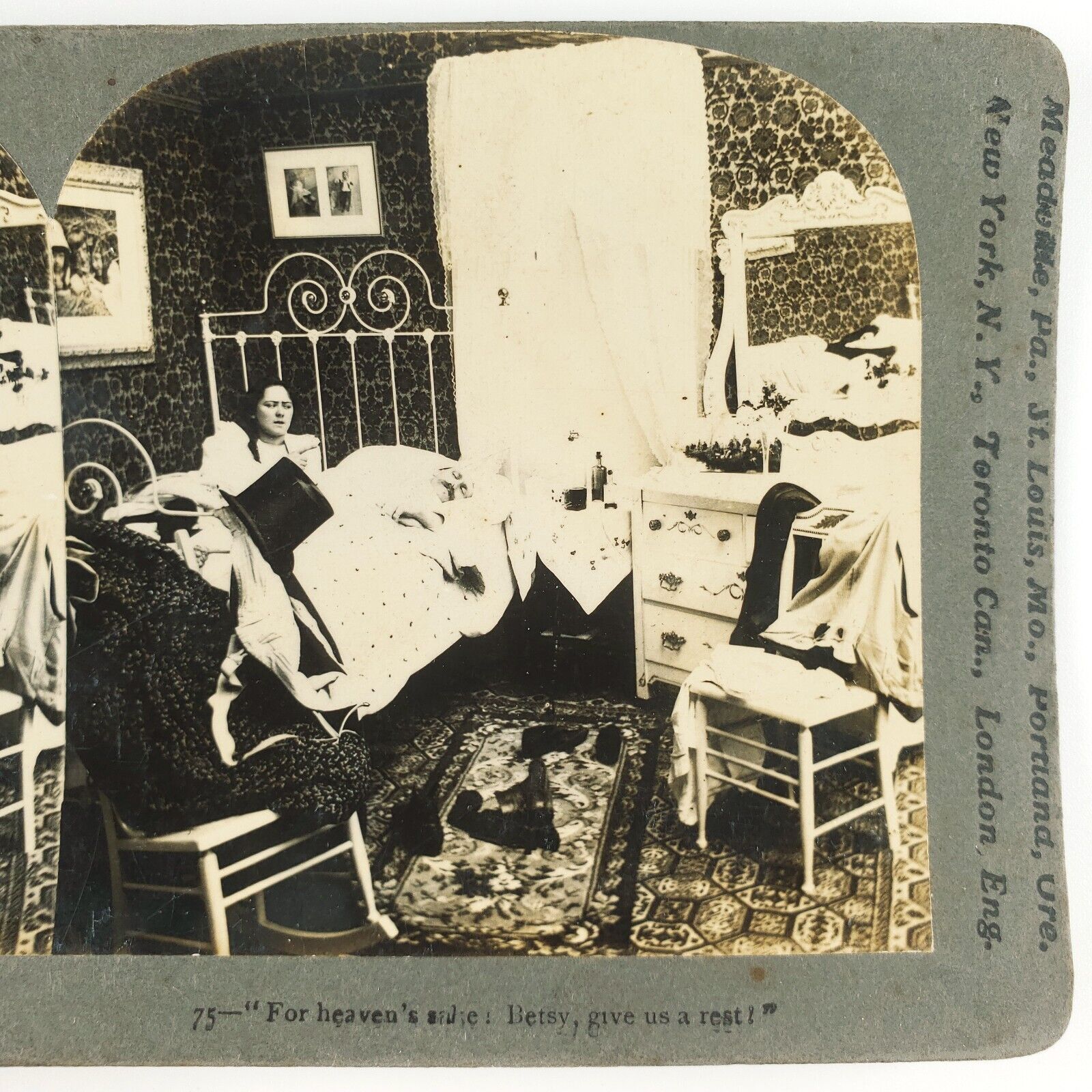 Angry Wife Lecturing Husband Stereoview c1899 Keystone Drunk Man Bedroom H1372