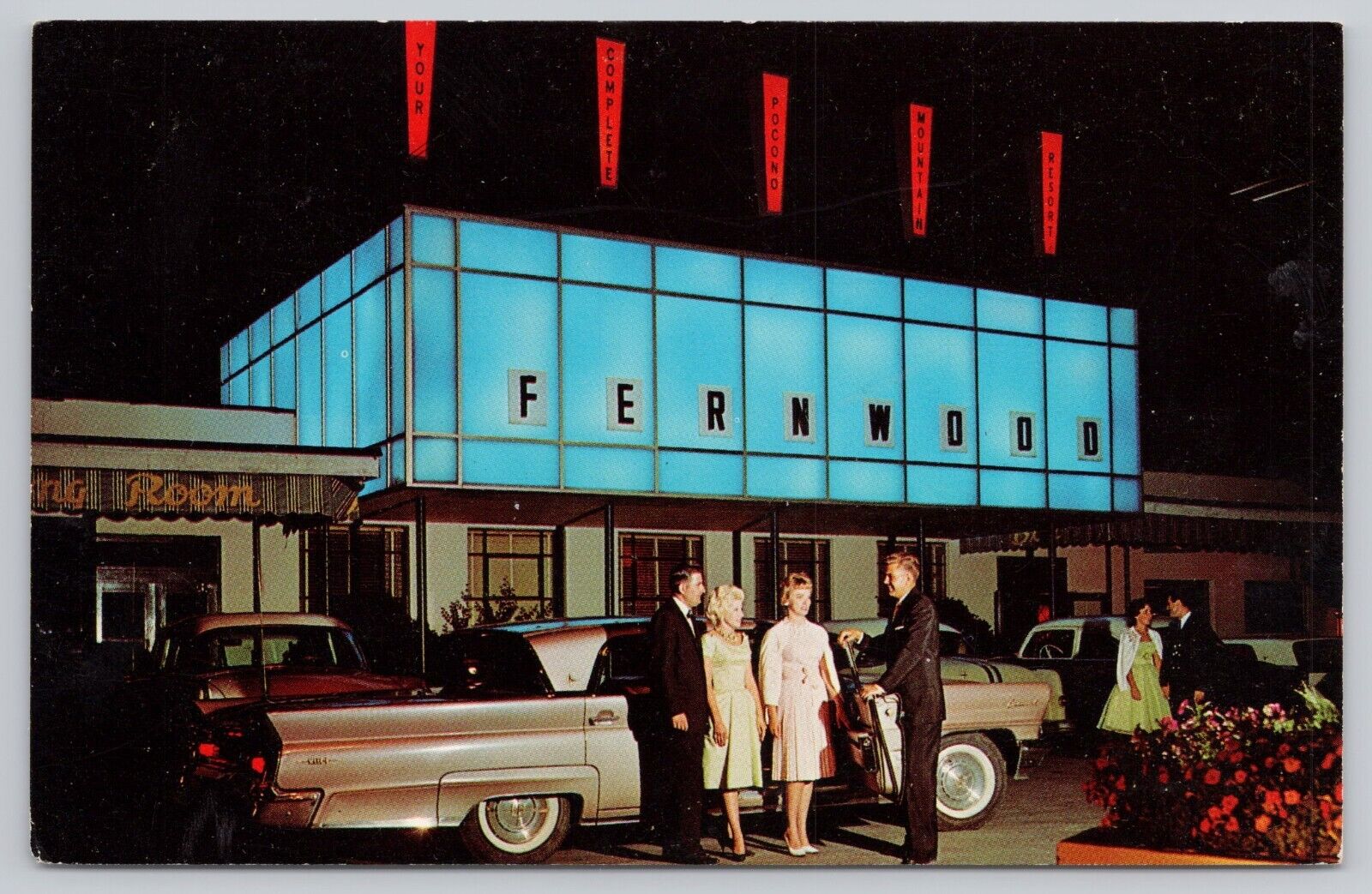 Bushkill Pennsylvania, Fernwood Resort Night Lights Old Cars, Vintage Postcard