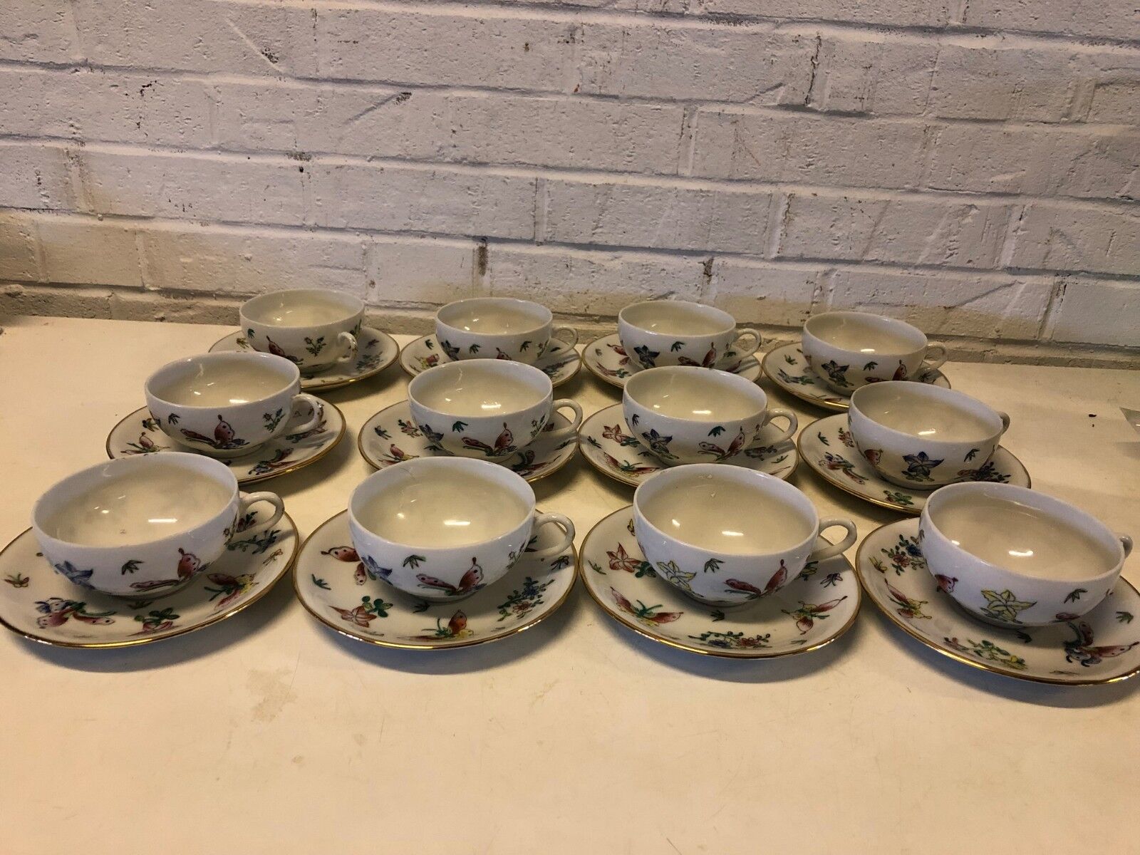 Antique Asian Porcelain Set of 12 Cups and Saucers with Hand Painted Floral Dec.
