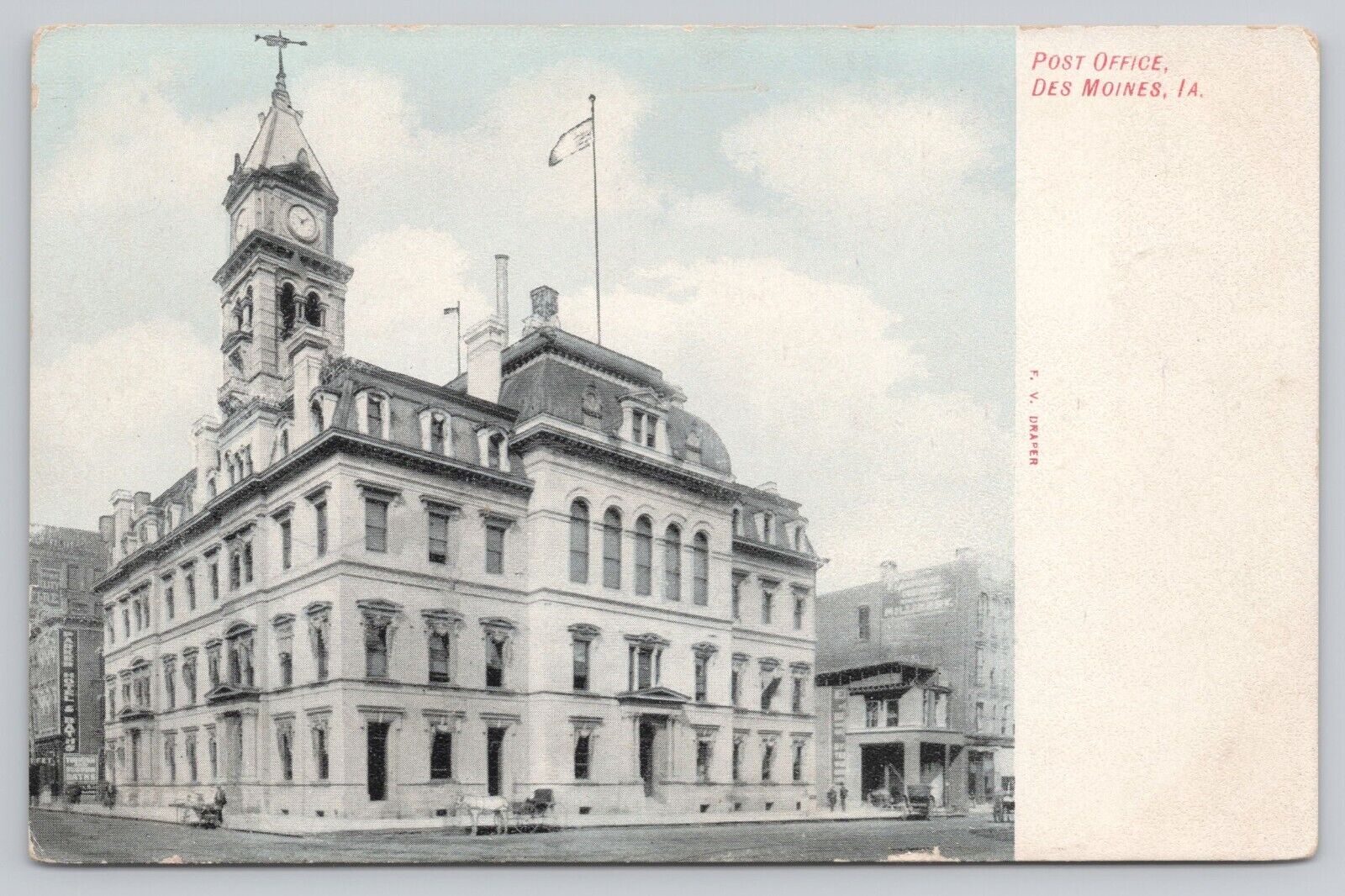 Postcard Des Moines Iowa Post Office Street View c1909