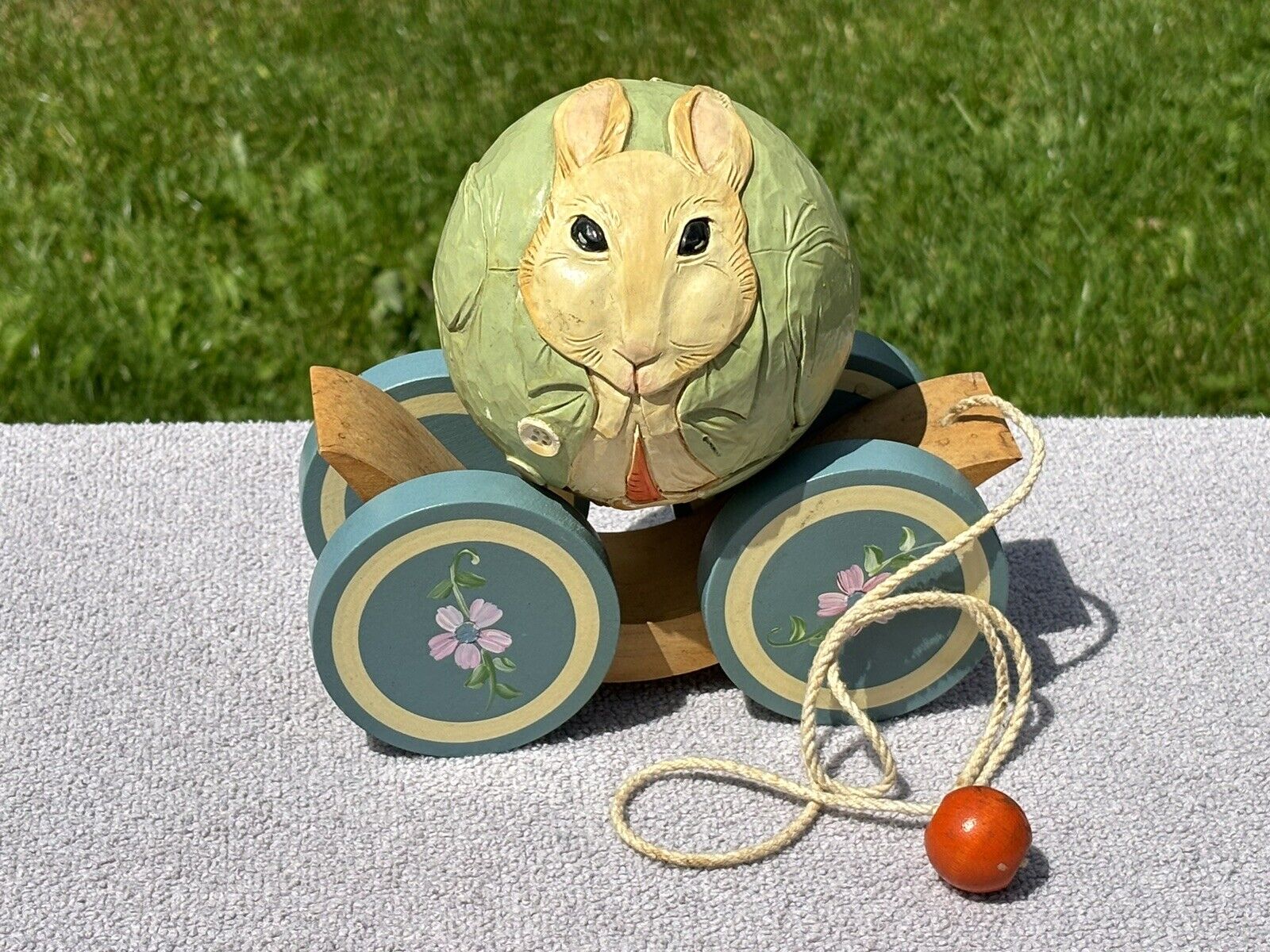 BRIERE Folk Art Pull Toy 1993 Dressed In Suit Bunny Rabbit & Cart