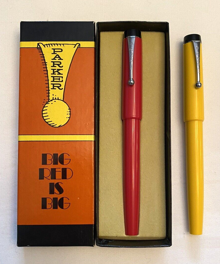 Parker Vintage RED Ballpoint Pen in Box “Big Red Is Big” Plus Yellow Pen -WRITES