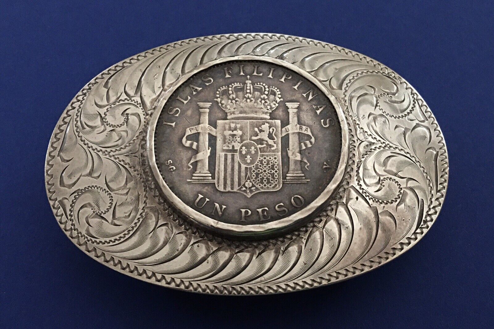 SUPER Rare 1897 Filipinas Espana Peso Coin Boyd Reno Sterling Silver Belt Buckle