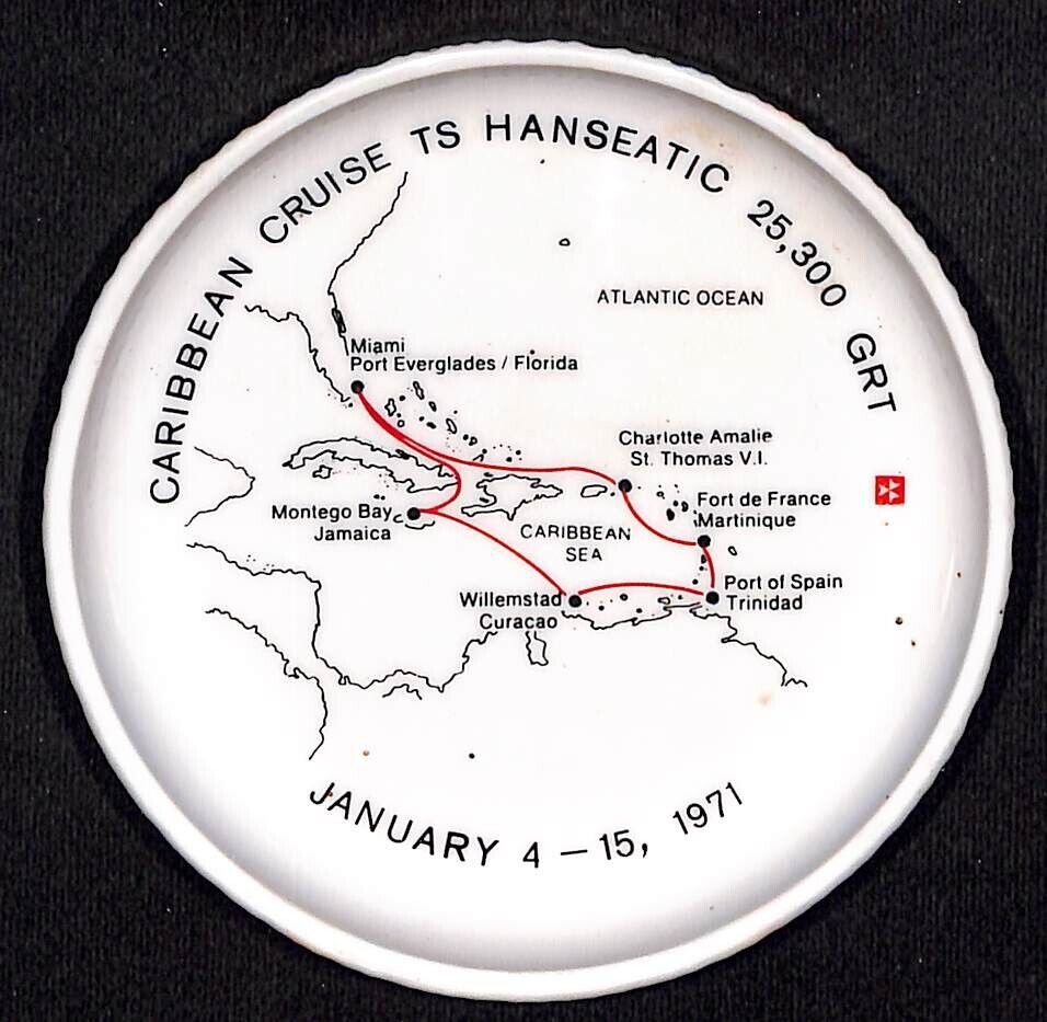Caribbean Cruse TS Hanseatic Hamburg AL 1971 Ceramic Tip Tray w/ Route Map VGC