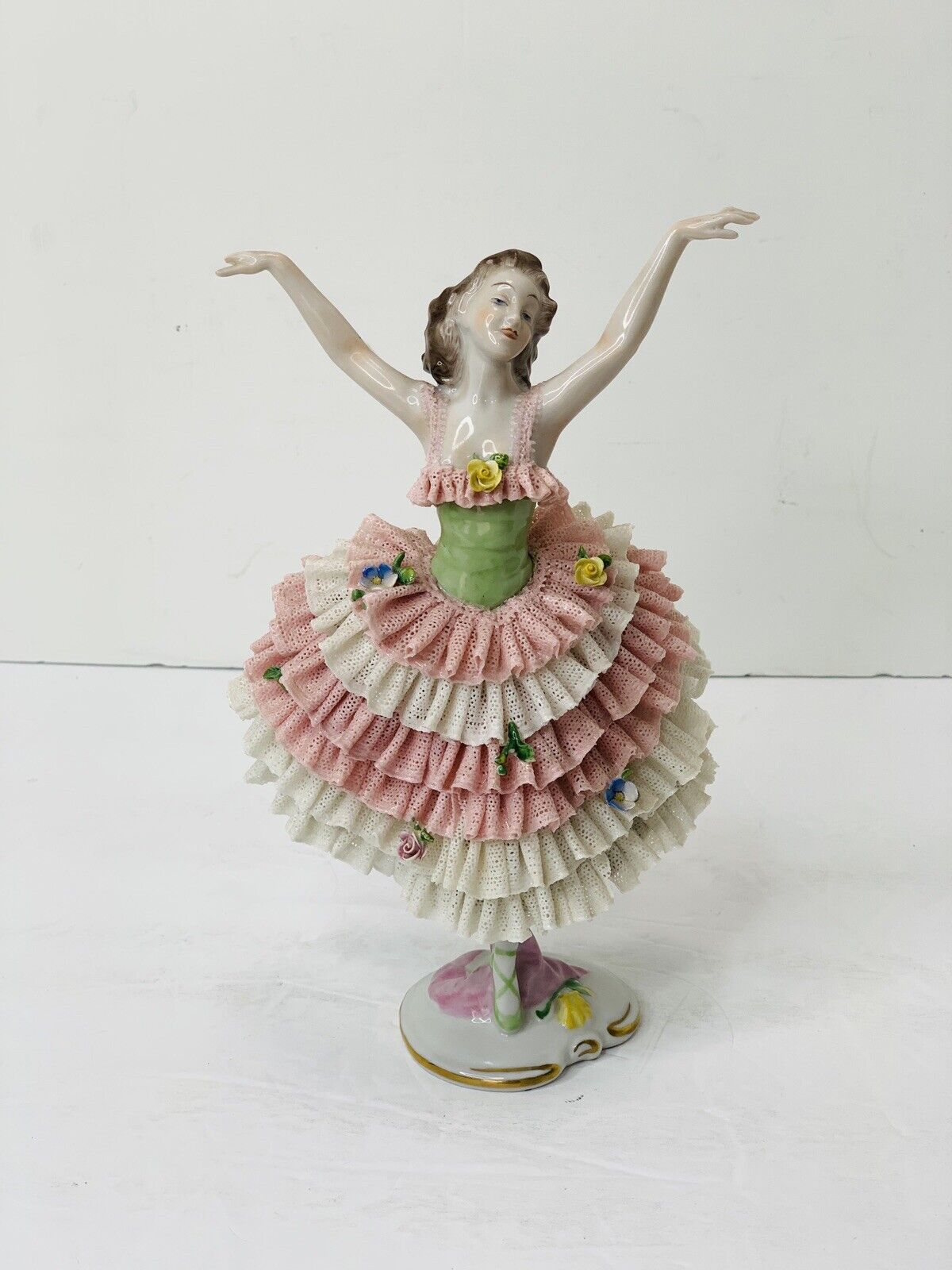 Elegant Volkstedt Germany Dresden Lace Large Ballerina Pink Porcelain Figurine