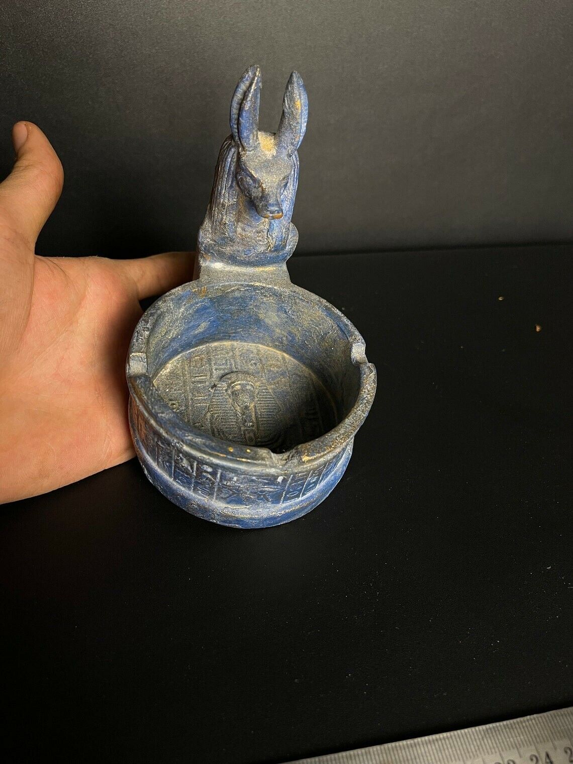 Marvelous Anubis Ash Tray Carved from Blue Stone with Egyptian Hieroglyphs