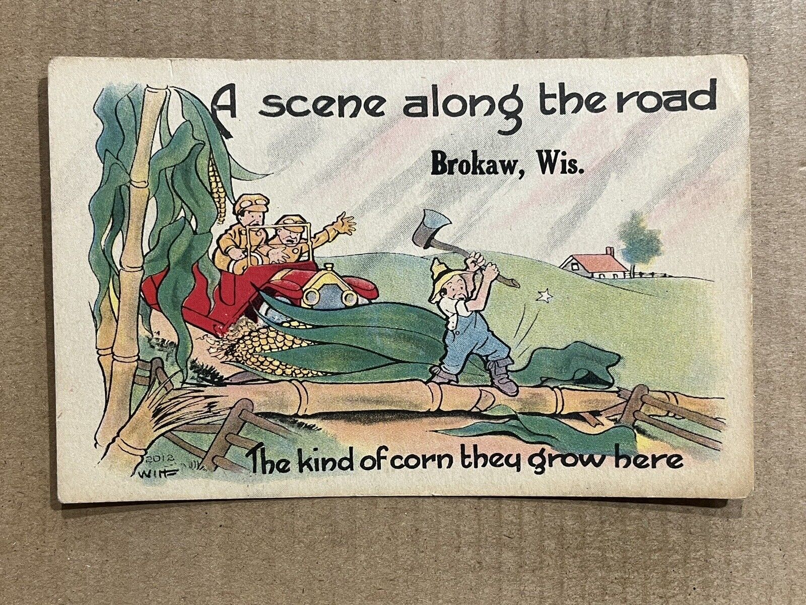 Postcard Brokaw WI Wisconsin Comic Humor Greetings Corn Road Exaggeration
