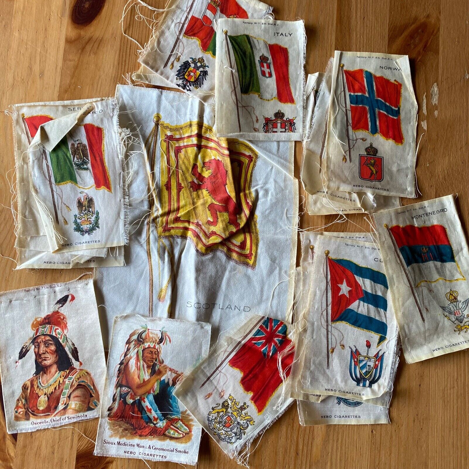 Lot 21 Vintage NEBO Cigarette Silks 2 Indian Chiefs 19 Country Flags Lg Scotland