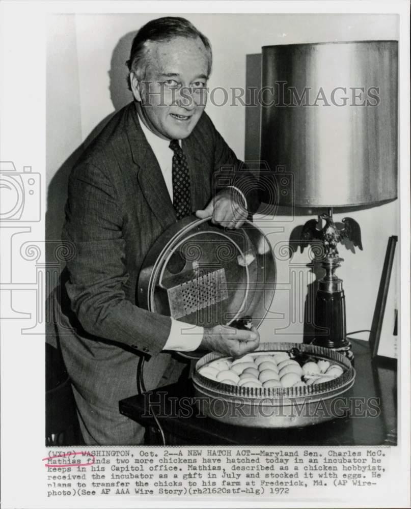 1972 Press Photo Charles Mathias checks incubator in his Capitol office