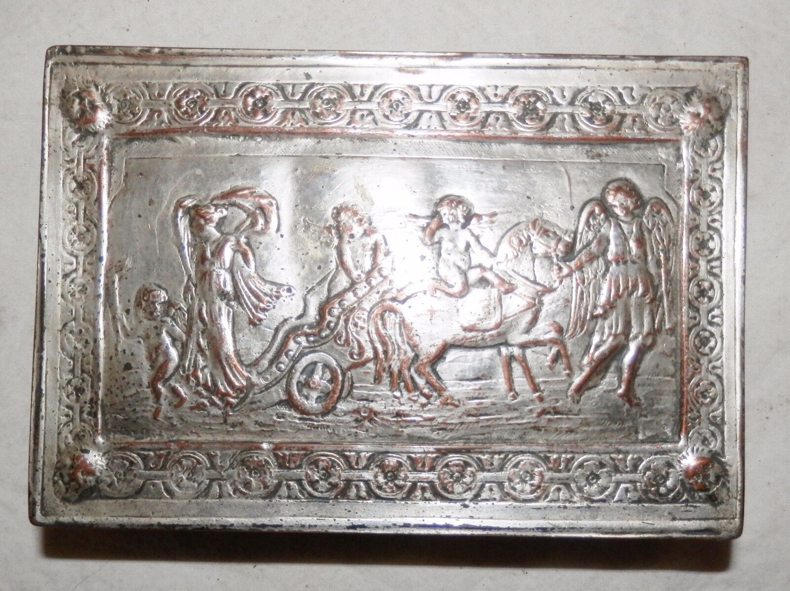 EG Webster Silver Plate Jewelry/Cigarette Case Horse Chariot Angel Repousse box