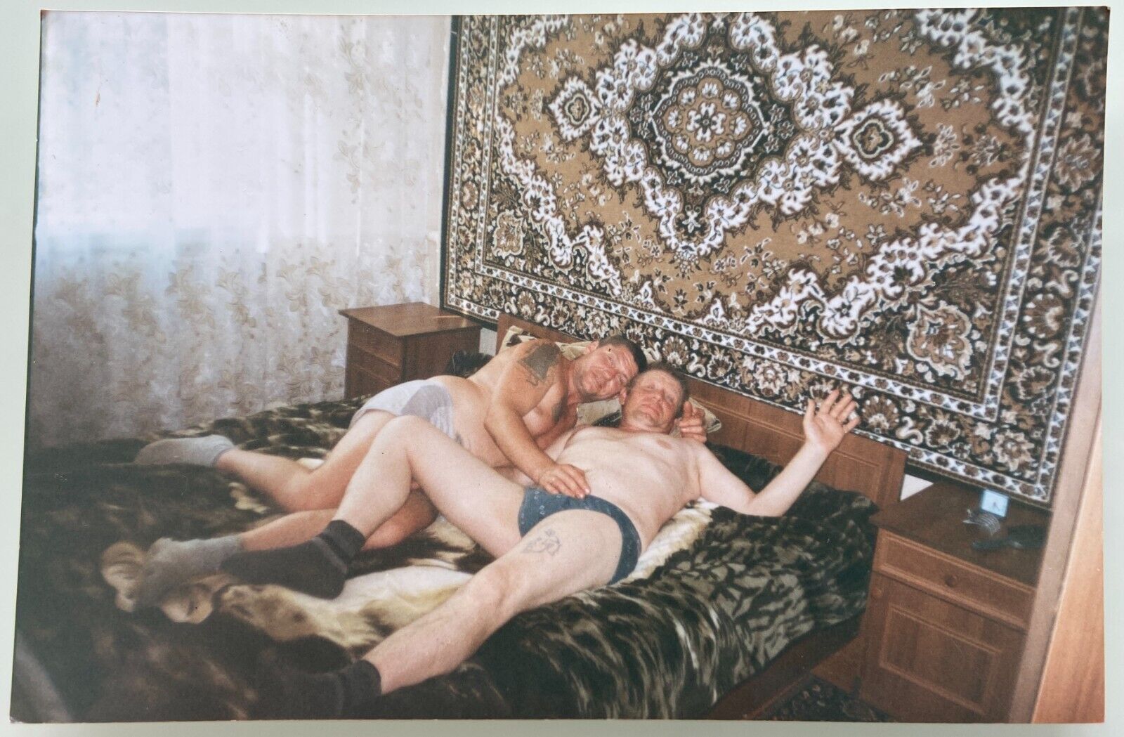 Shirtless Affectionate Couple Men Hugging in Bed Bulge Trunks Gay Interest Photo