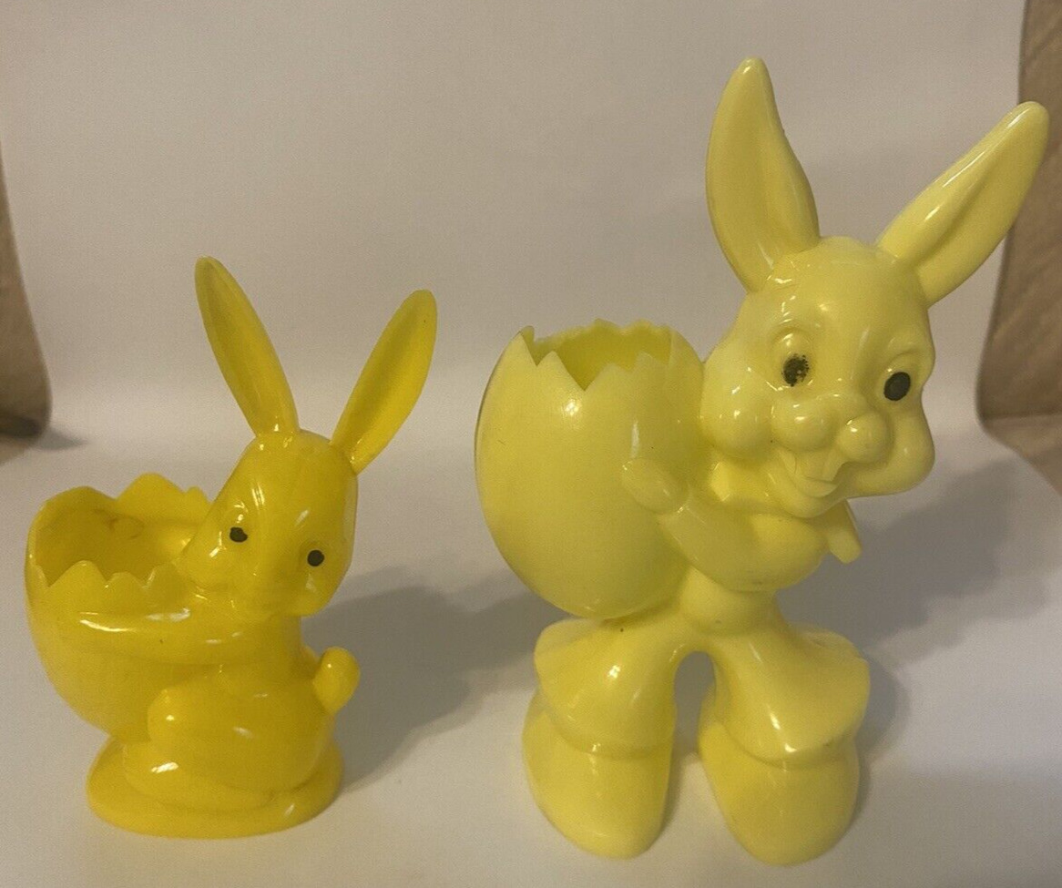 2 Vintage 1950s Hard Plastic Easter Bunny With Egg Candy Holders small and med