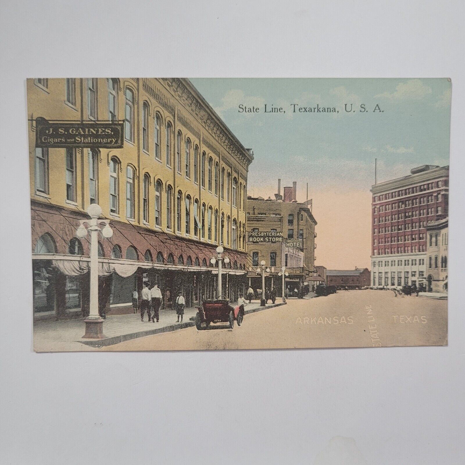 State Line Texarkana Texas Arkansas Vintage Lithograph Postcard Book Store Hotel