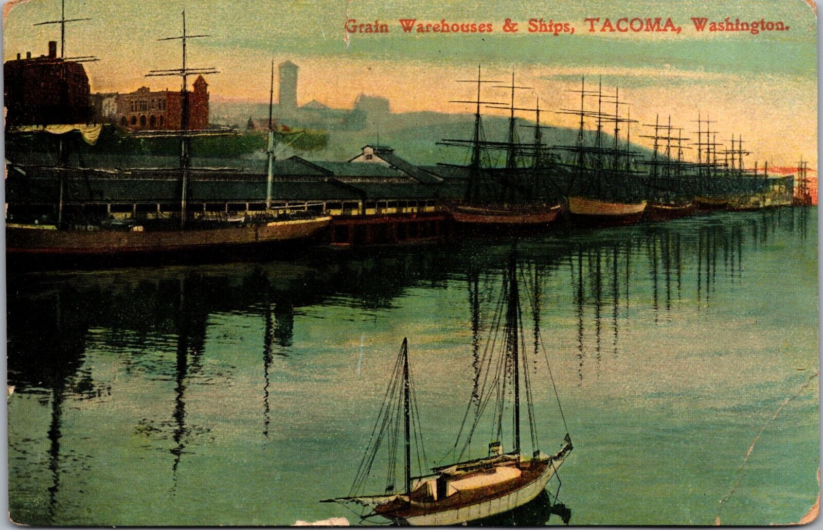Tacoma WA Sailing Ships Grain Warehouses AK YT Pacific EXPO 1909 Seal Postcard