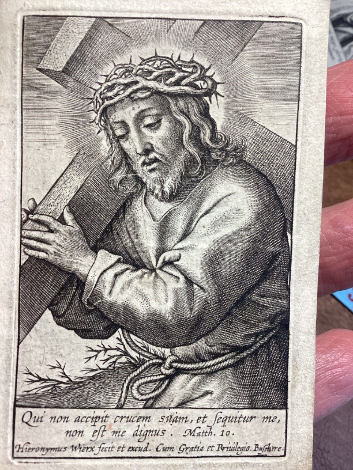 Antique Engraving Religious Print Wierix c.1600 Christ Cross