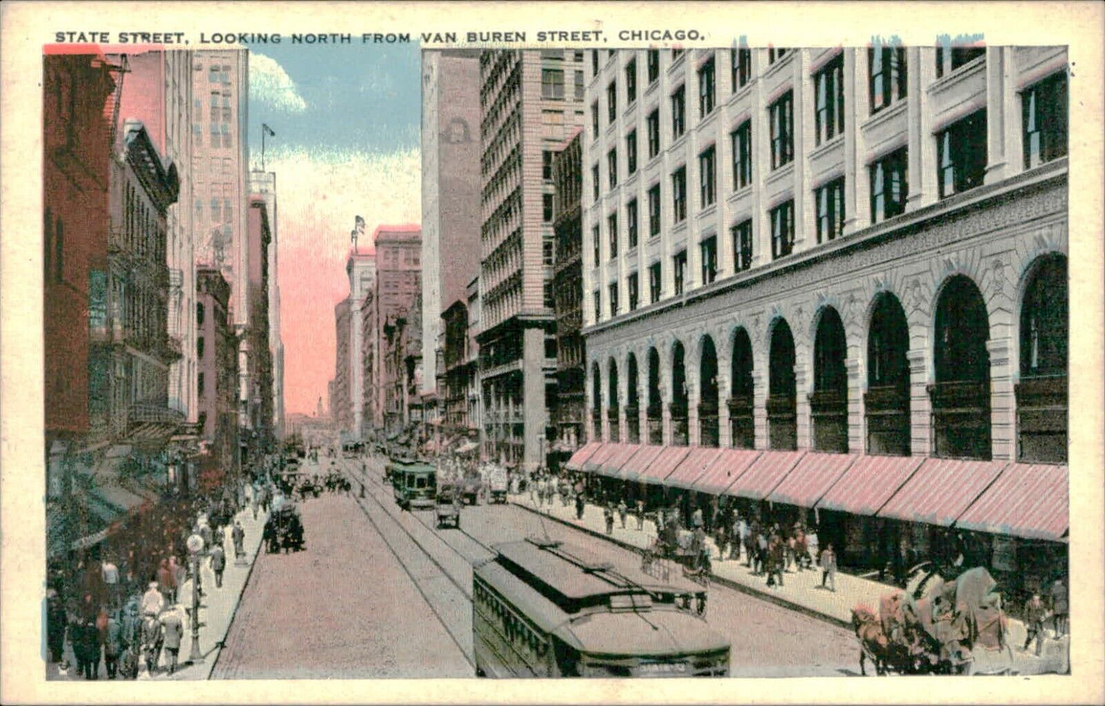 Postcard White Border State Street Looking North Cable Cars Chicago Illinois IL