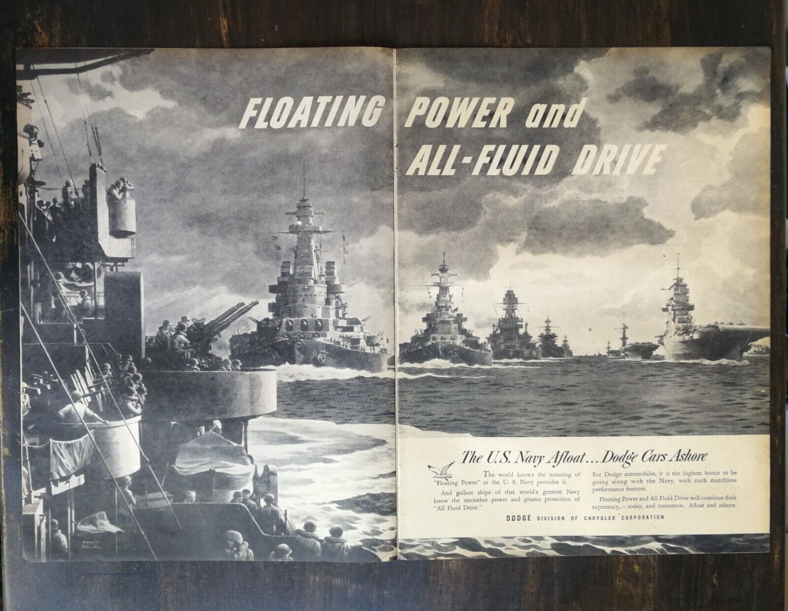 Vintage 1945 The U.S. Unties States Navy Afloat Dodge Two Page Original Ad 324