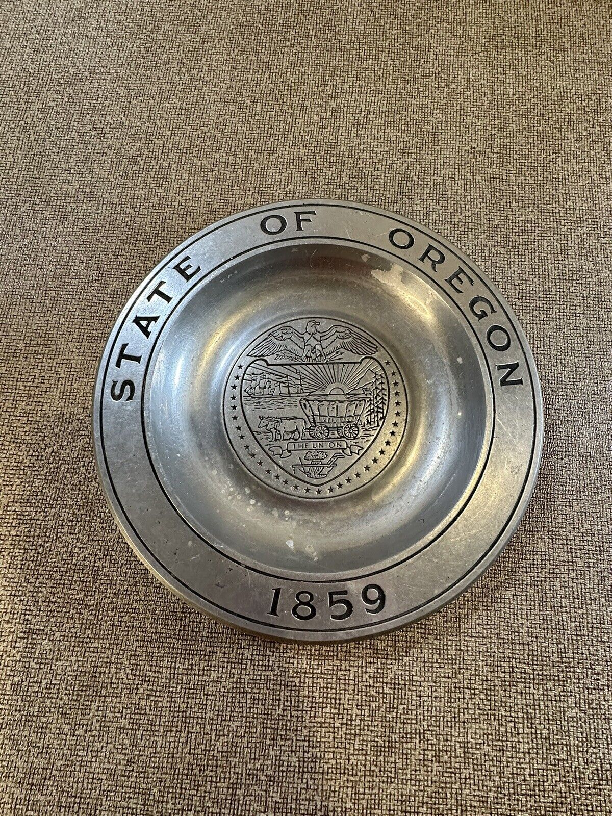 Brushed Pewter Milmetal Plate State Of Oregon Seal Statehood Commemorative 1859