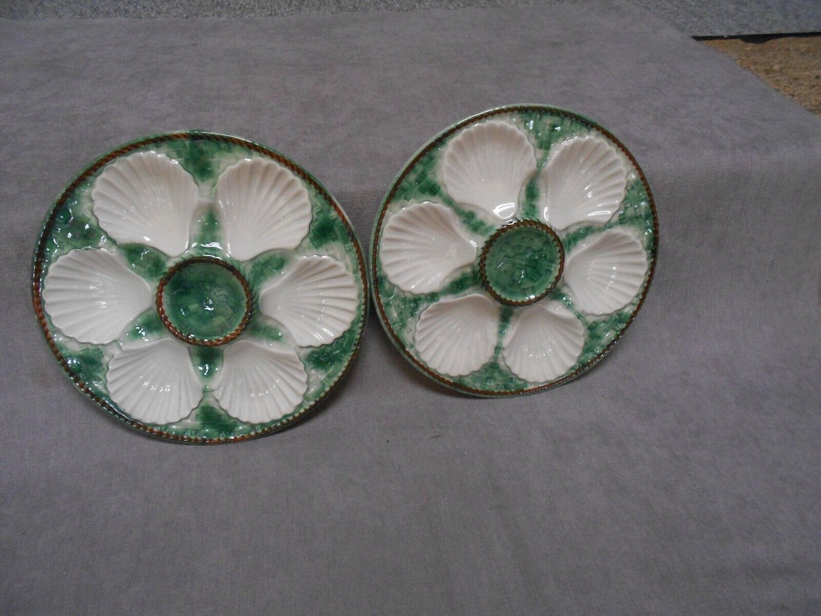 2 Vintage French  majolica  white  & GREEN OYSTER PLATES markings