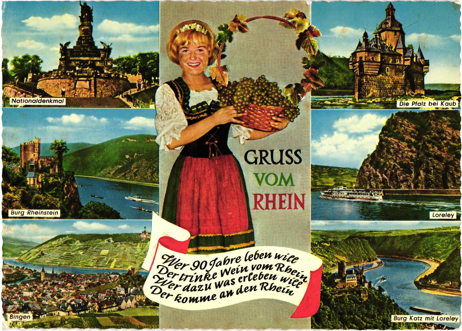Greetings from the Rhine - Woman with Basket of Grapes Postcard Unposted
