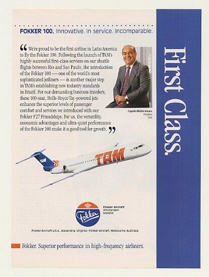 1990 TAM Airlines Fokker 100 Jetliner Jet Print Ad