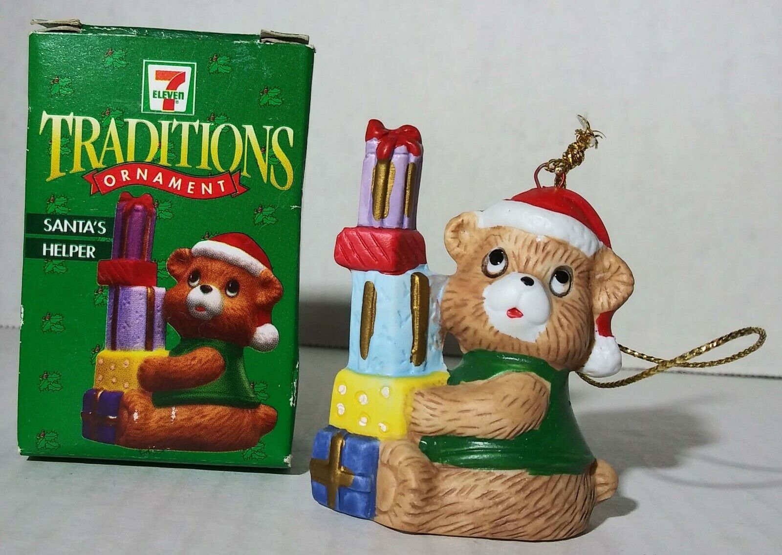 Vintage 1997 7-Eleven Christmas Traditions Santa's Helper Ceramic Ornament Bear