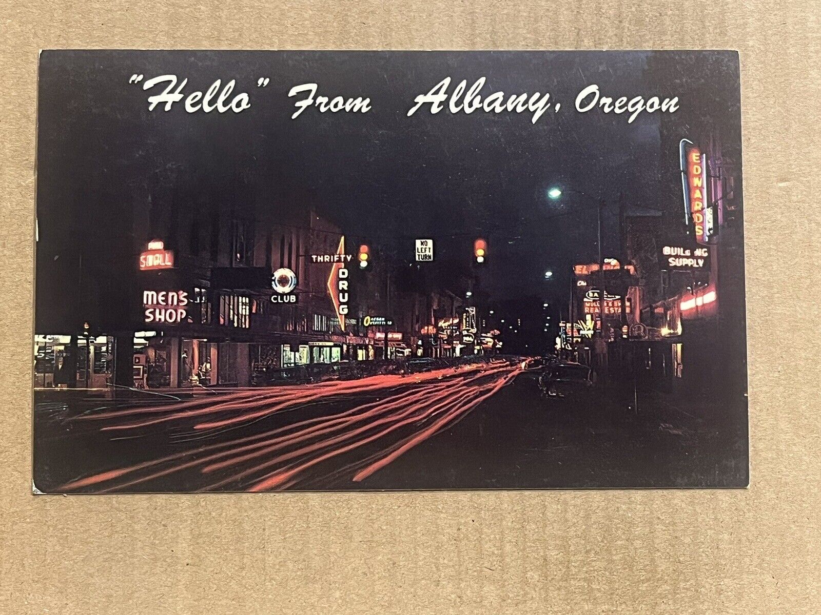 Postcard Albany OR Oregon First Street Night Greetings Drug Store Vintage PC