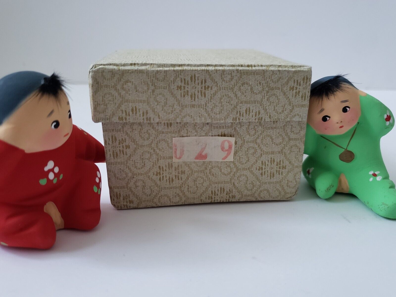 Cute Vintage Chinese Baby Boy Brothers Hand Painted Clay Figurines in Box
