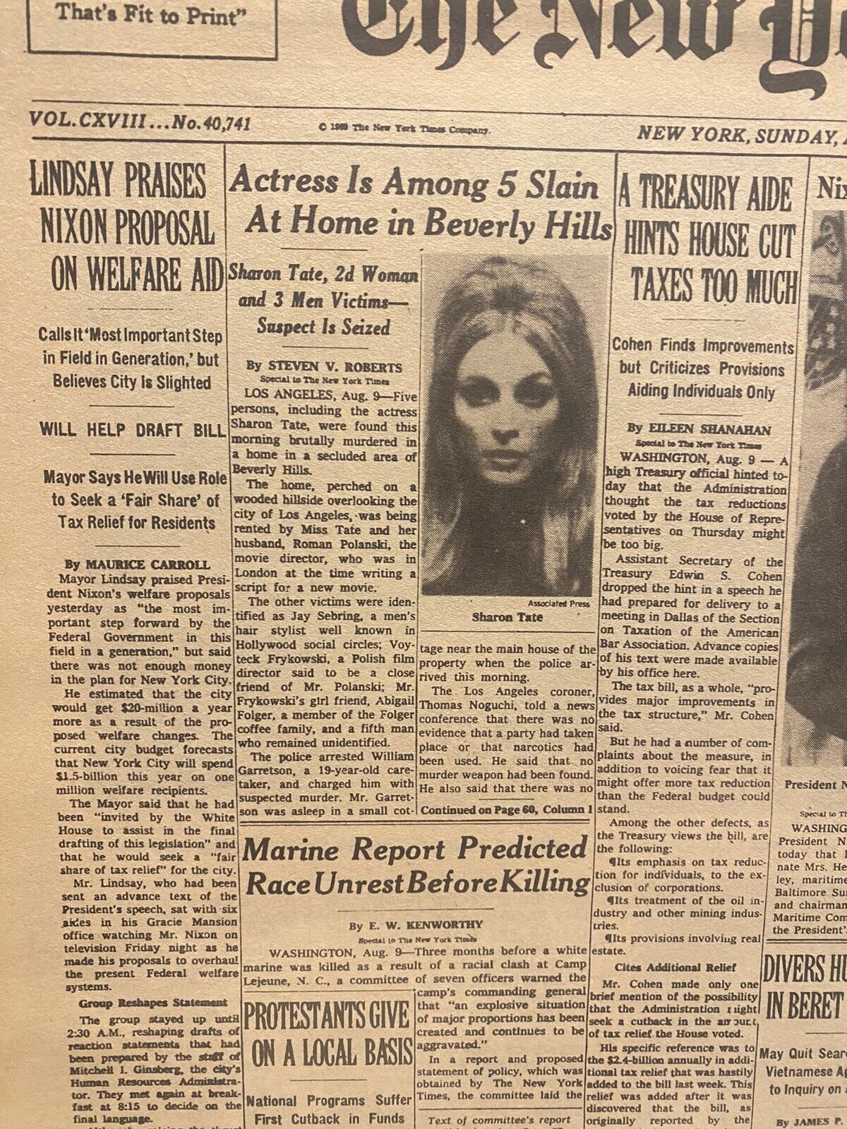 VINTAGE NEWSPAPER HEADLINE SHARON TATE MURDERED CHARLES MANSON FAMILY 1969 CRIME
