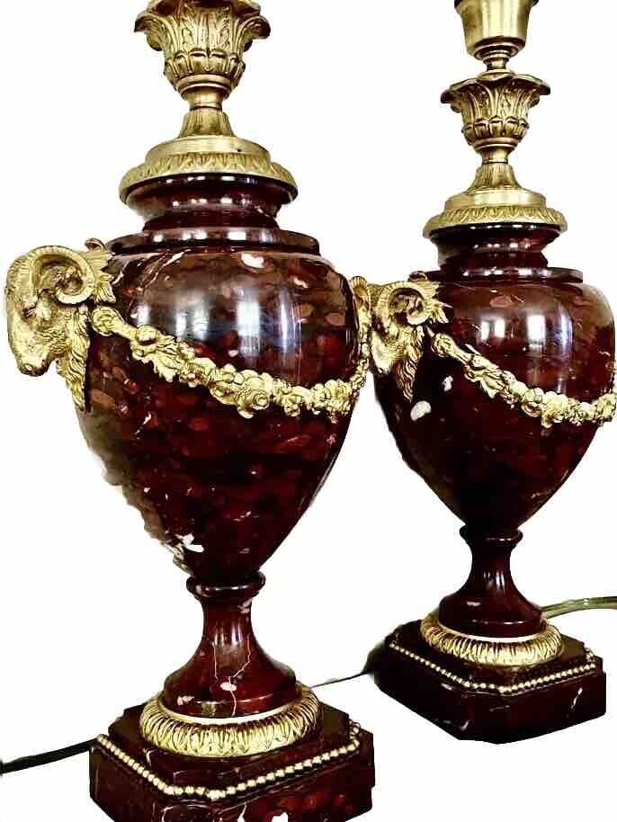 ANTIQUE FRENCH D’ORE GILT BRONZE ROUGE MARBLE URNS VASES LAMPS RAMS HANDLES