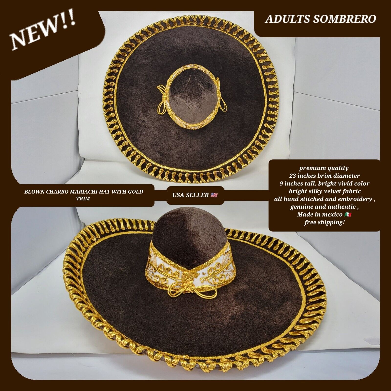 Plain brown with gold trim adults sombrero charro mariachi hat