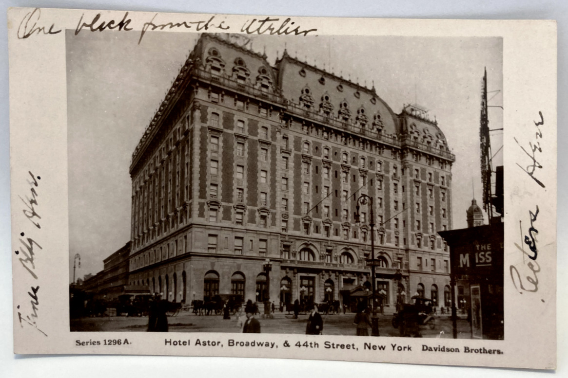 1908 RPPC Hotel Astor, New York, NY Vintage Davidson Brothers Postcard