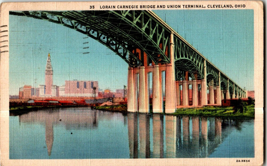 Lorain Carnegie Bridge & Union Terminal, Cleveland, Ohio postcard. Posted 1936