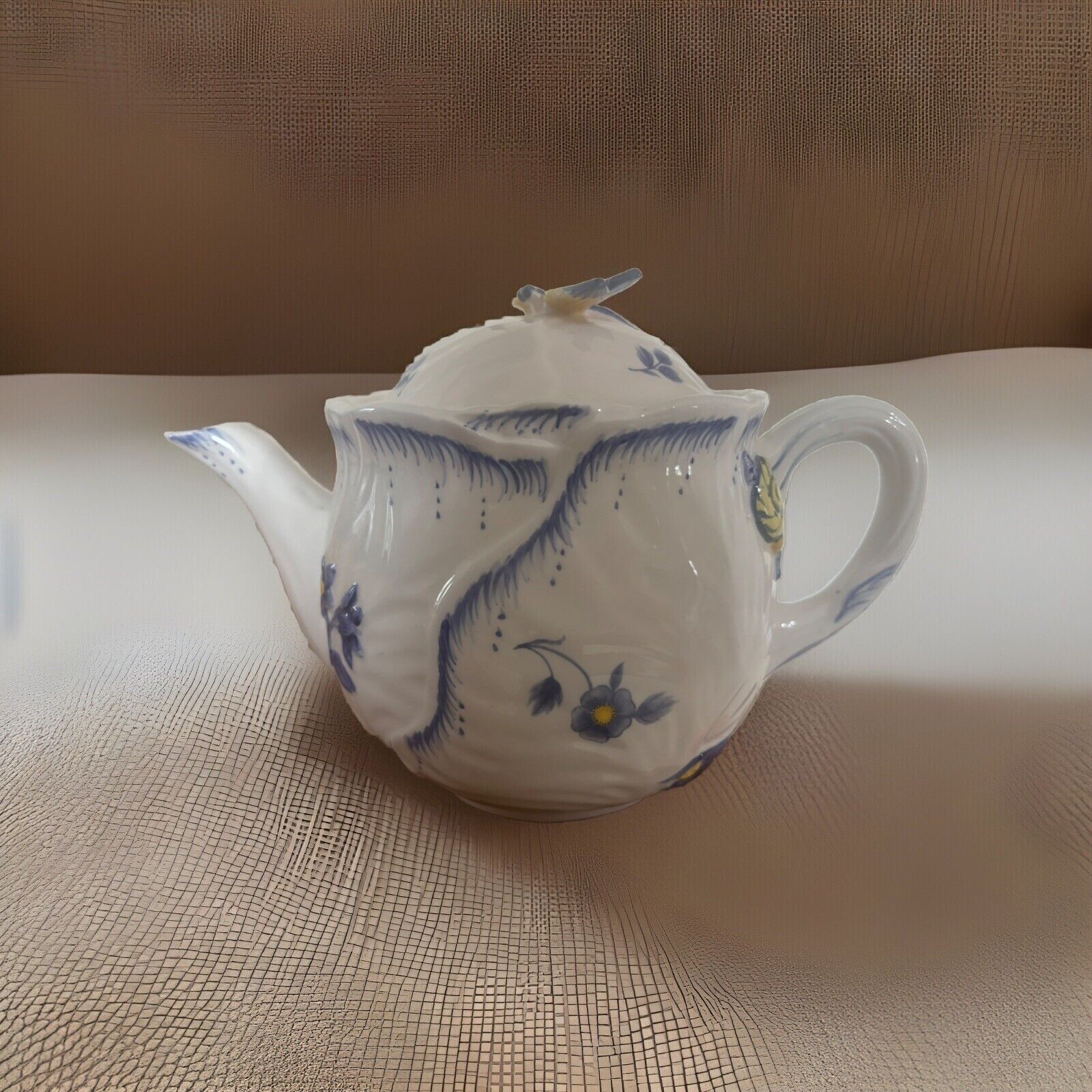 Spode Porcelain Teapot White with Blue Floral Accents and Dragonfly atop
