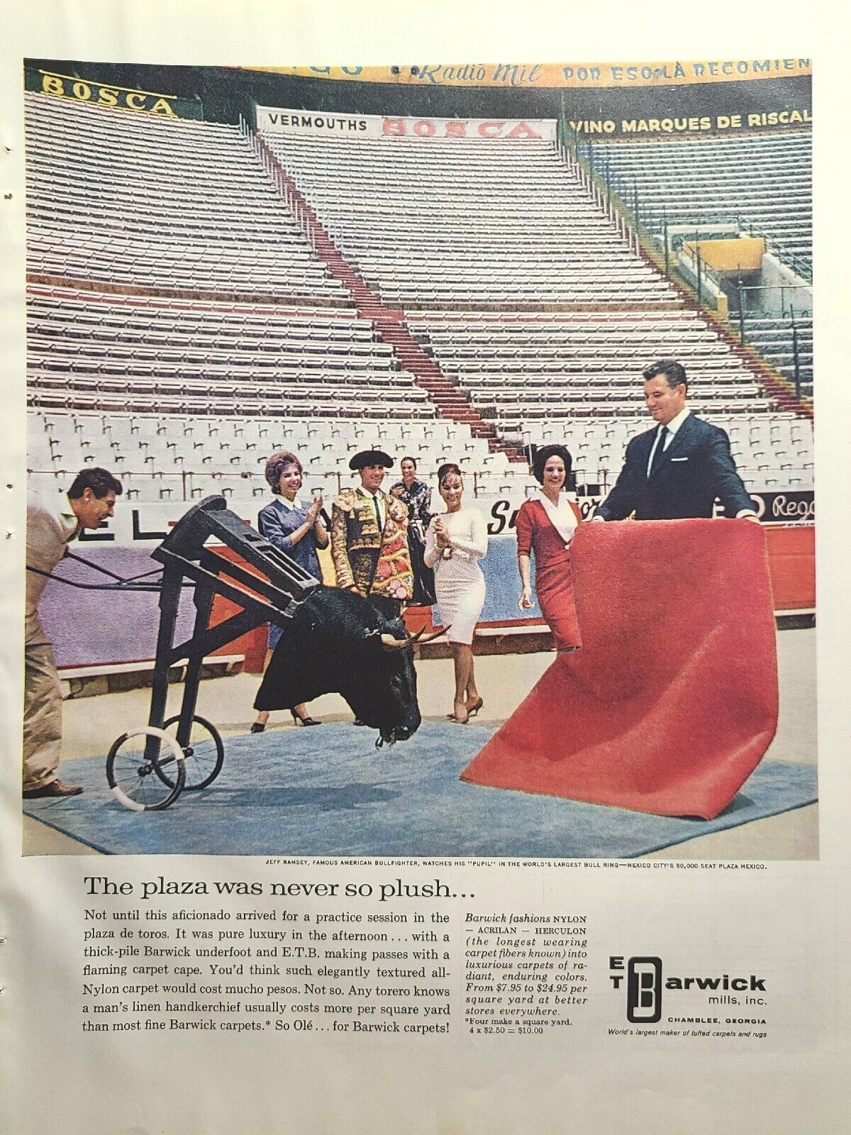 E. T. Barwick Carpet Mills Chamblee GA Bullfighter Ramsey Vintage Print Ad 1964