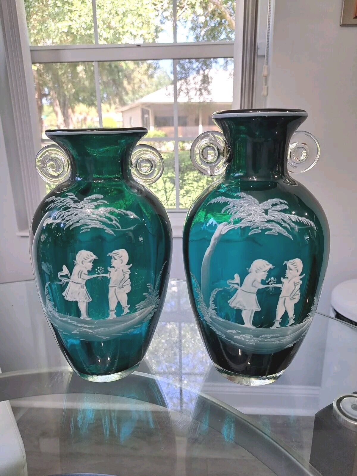 2 Vintage Teal Blown Glass Vase Amphora Style Scroll Hand-Painted Children Scene