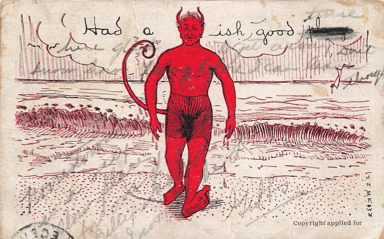 1905 HUMOR POSTCARD: NAKED RED DEVIL - HAD A DEVISH GOOD TIME