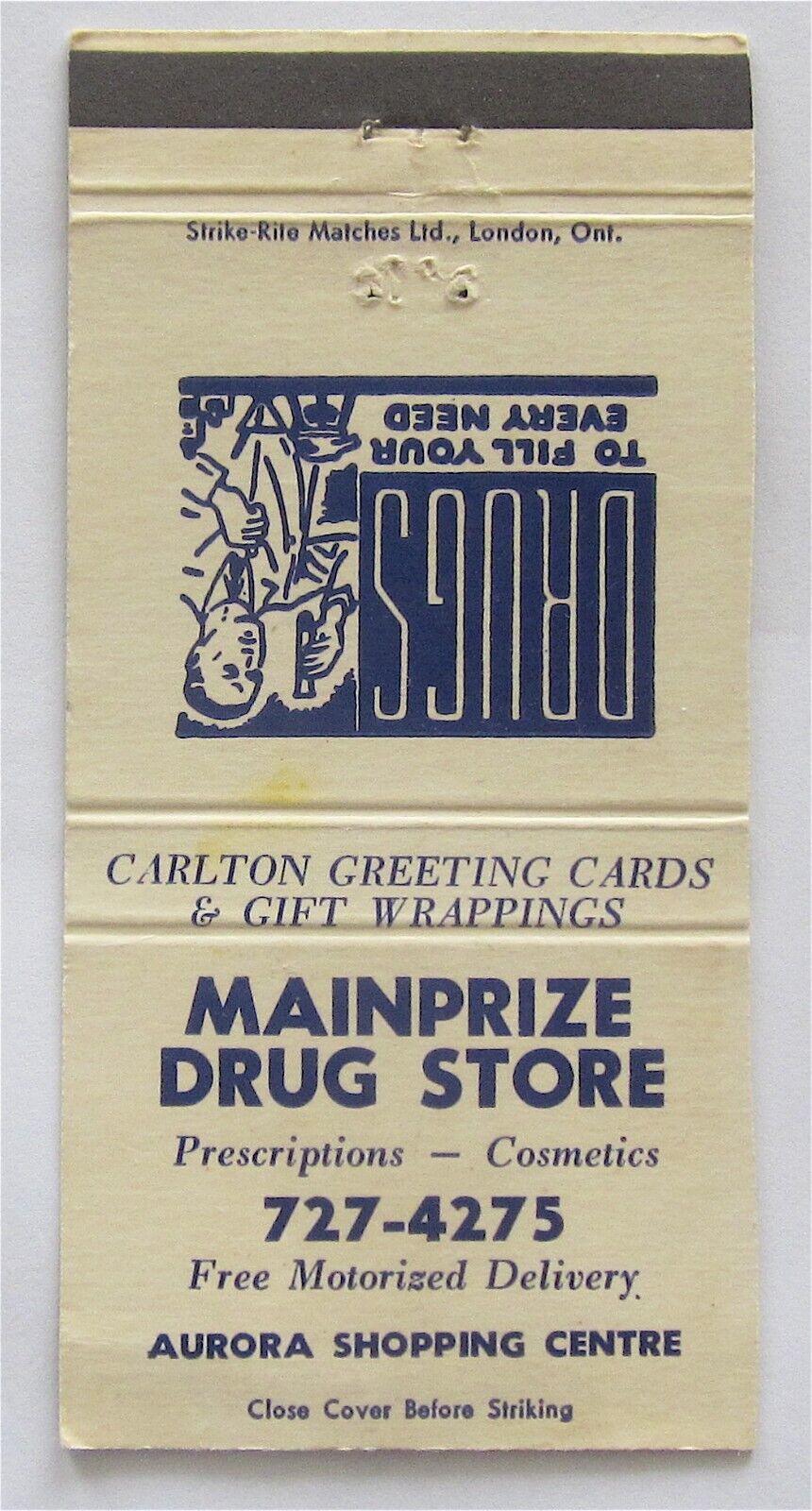 MAINPRIZE DRUG STORE, AURORA SHOPPING CENTER, ONTARIO, CANADA MATCHBOOK COVER