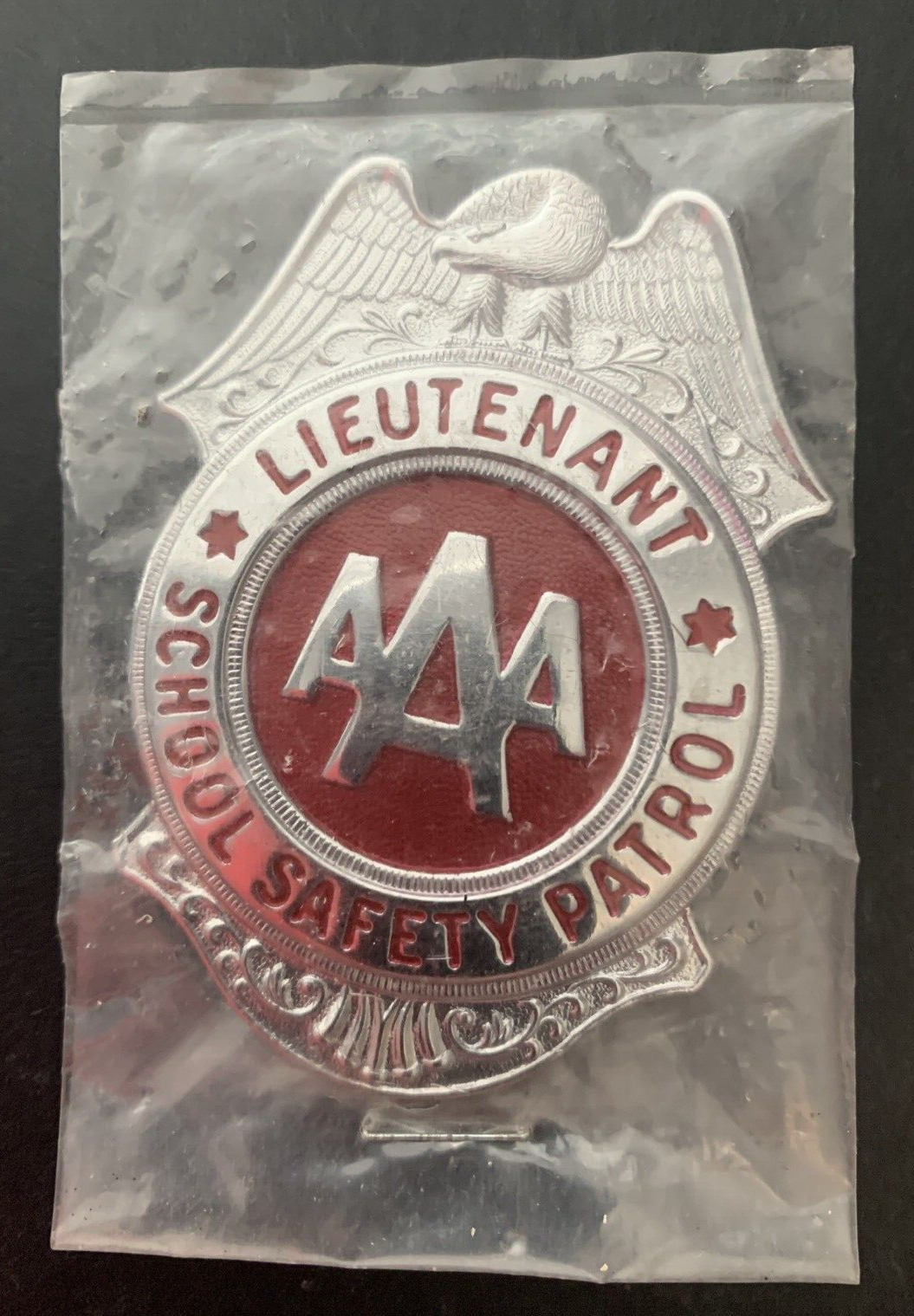 Vintage AAA Lieutenant School Safety Patrol Badge Pin Metal Silver & Red