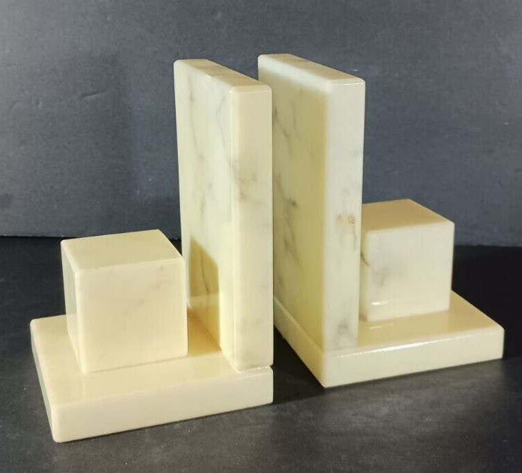 Vintage Genuine ALABASTER BOOKENDS Italian Made Hand Carved Cubes Marble Pattern