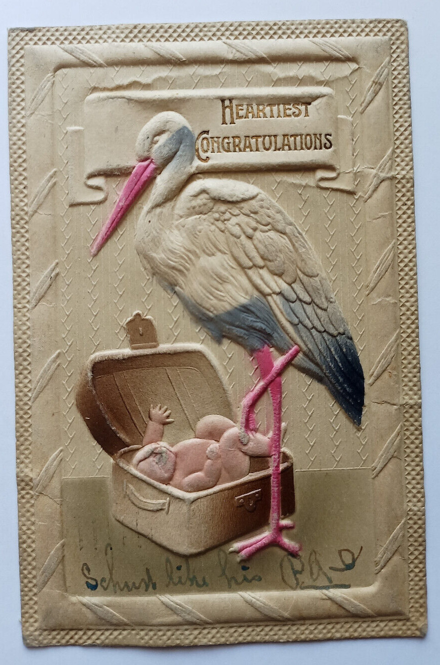 Antique 1914 Heartest Congratulations Stork Baby Birth Announcement Postcard