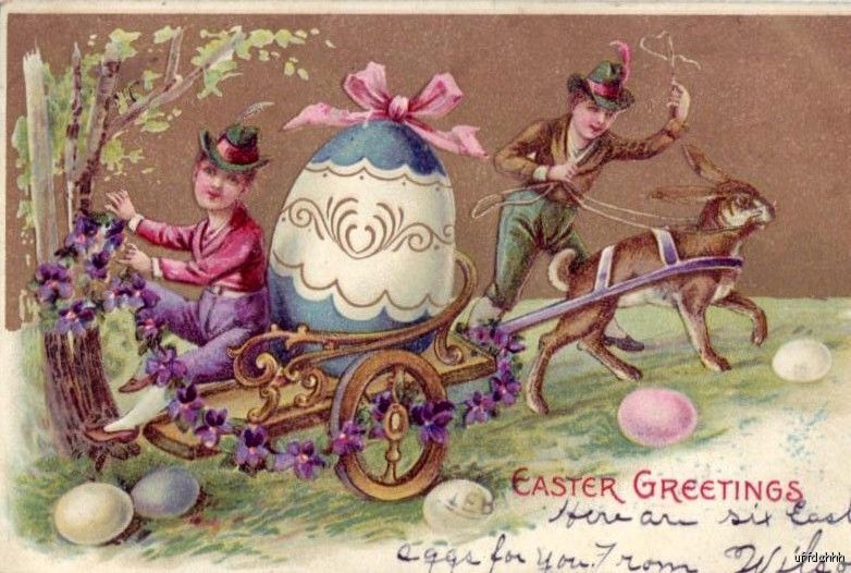 EMBOSSED EASTER GREETINGS TWO BOYS AND RABBIT WITH CART  & ELEGANT EGG 1907