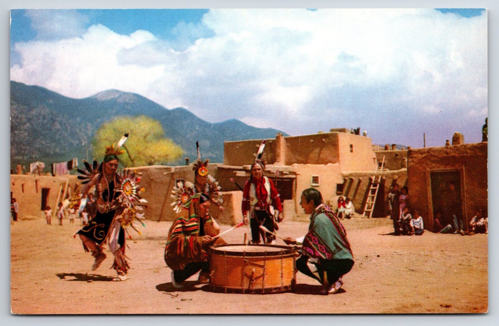 Taos Dancers At Taos Pueblo New Mexico NM 1950 CURT TEICH Vtg Chrome Postcard