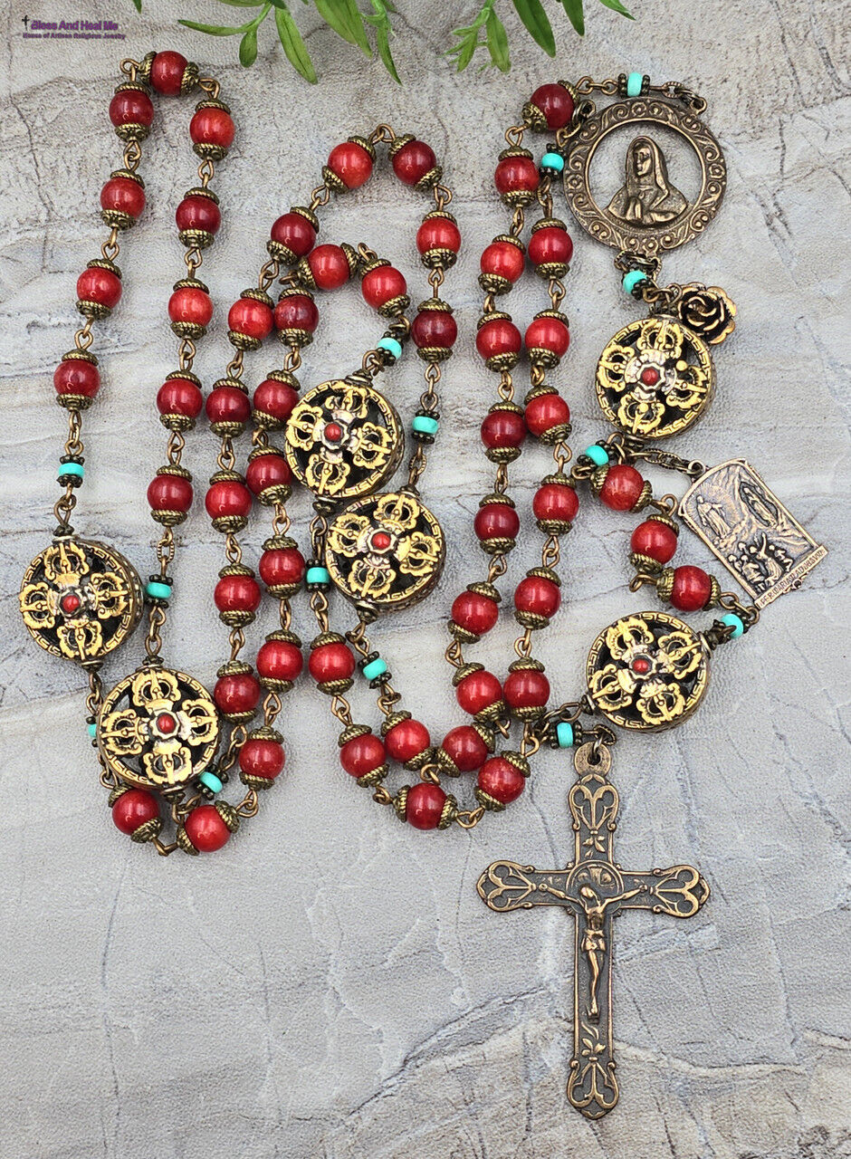 Blessed Virgin Mary, Jesus, Lourdes Heirloom Rosary - Bronze, Red Jade,Turquoise