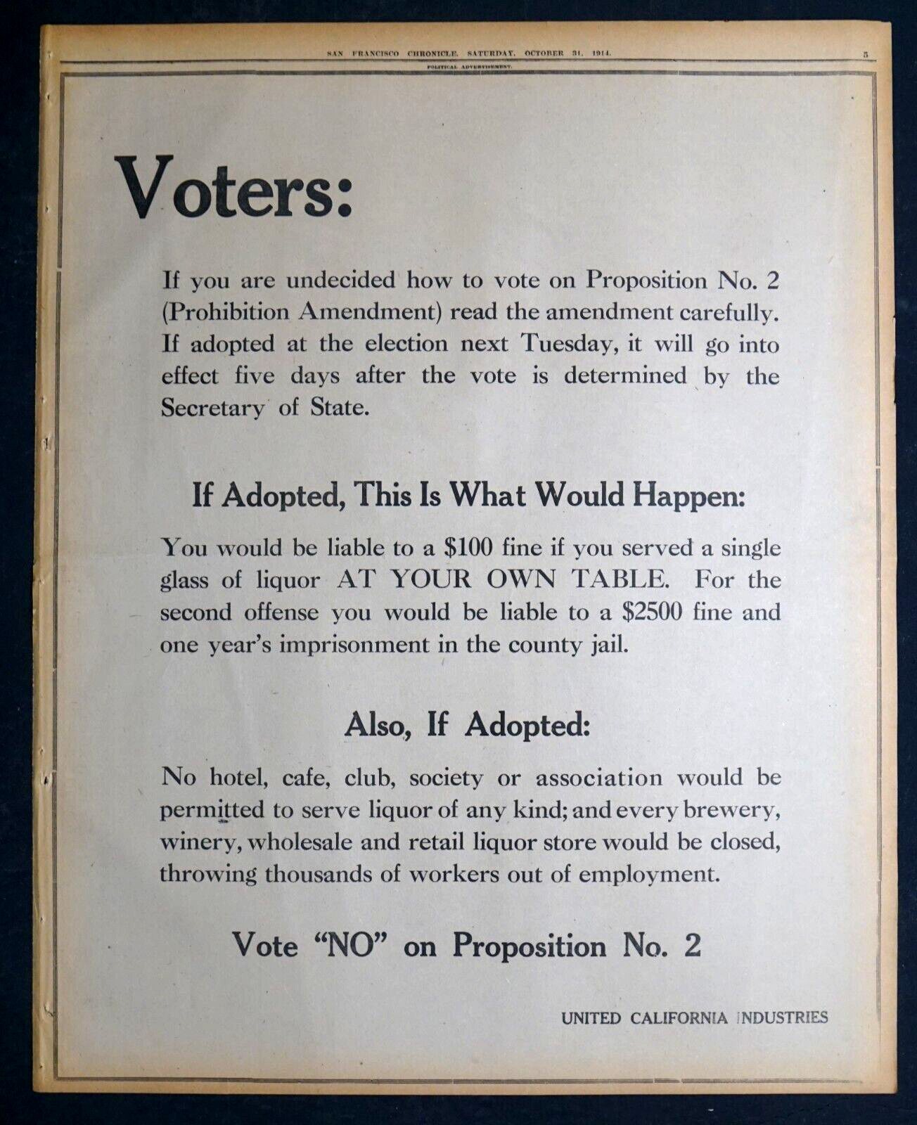 1914 San Francisco Newspaper Page - Full Page California Anti-Prohibition Ad