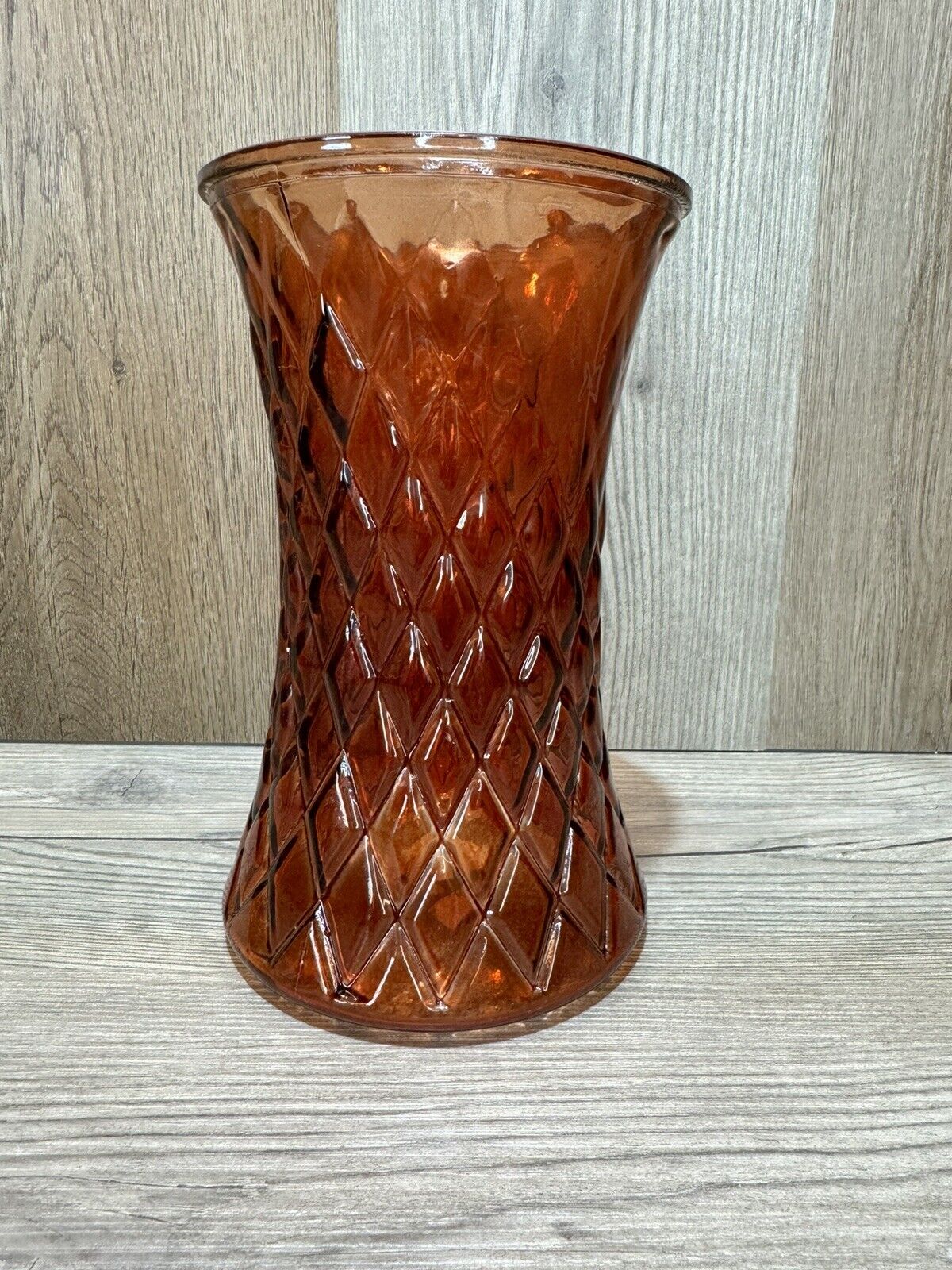 Vintage Art Glass Vase Orange Diamond Cut Retro